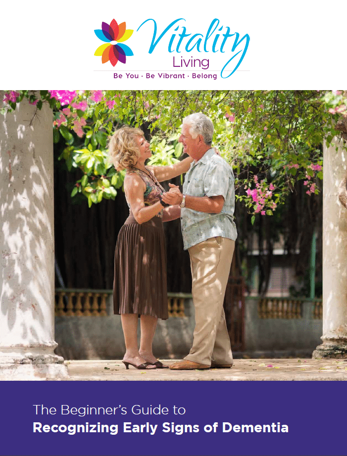Guide cover of Recognizing Early Signs of Dementia featuring a colorful image of couple hand in hand dancing