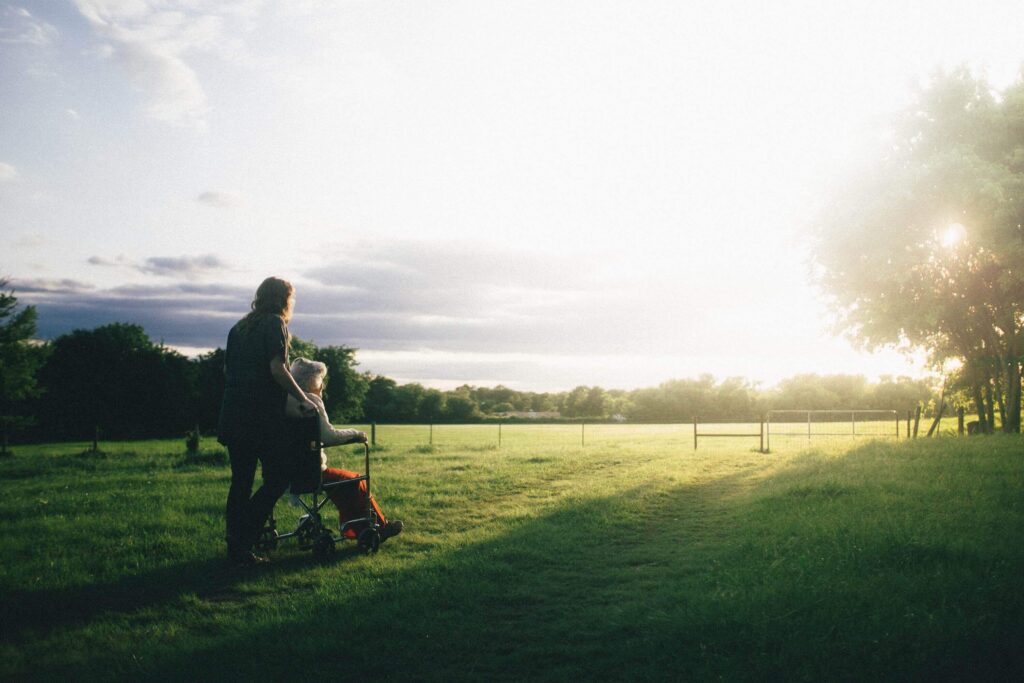 assisted living caregiver and senior watch sunrise together on green lawn near tree