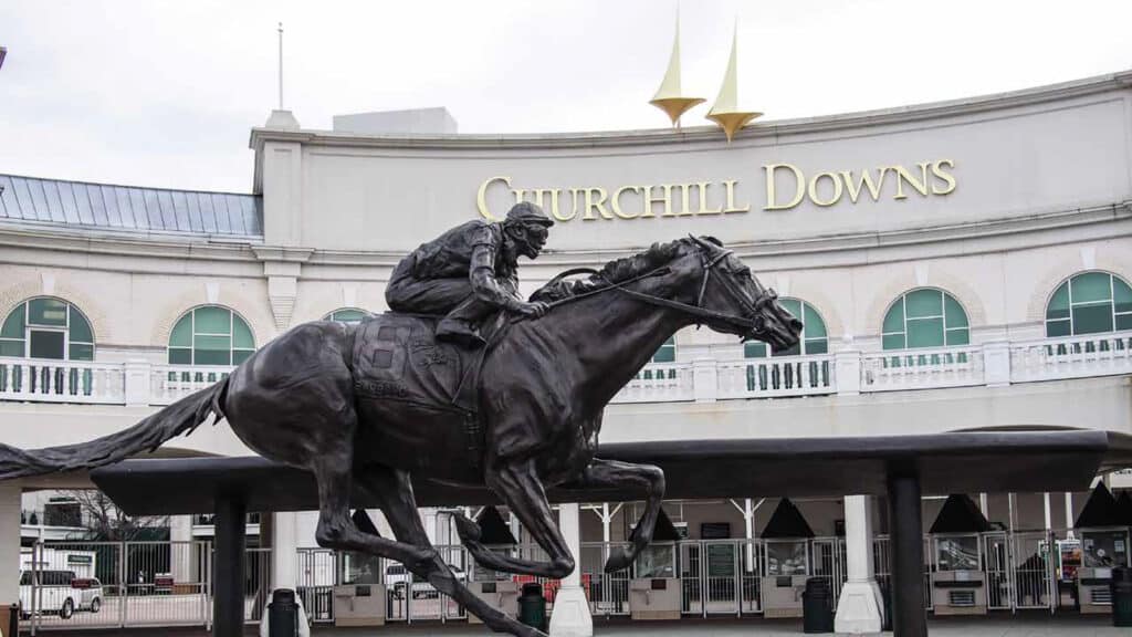 Churchill Downs exterior Statue of man racing on horse
