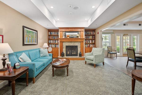 Common area with fireplace and couches