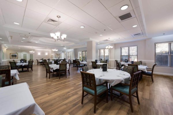 common dining room for retired seniors serving 3 meals a day