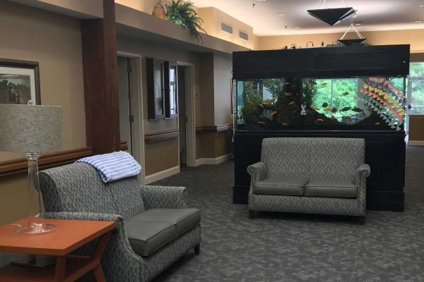 Spacious common area with aquarium