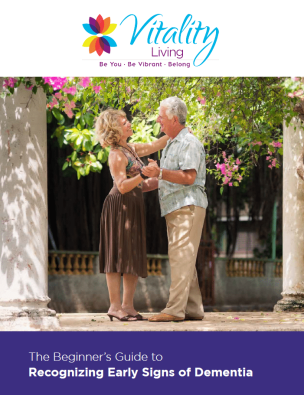 Guide cover of Recognizing Early Signs of Dementia featuring a colorful image of couple hand in hand dancing